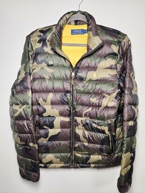 Polo Ralph Lauren Lightweight Camo Puffer Mens M Duck Down Jacket Yellow Pony